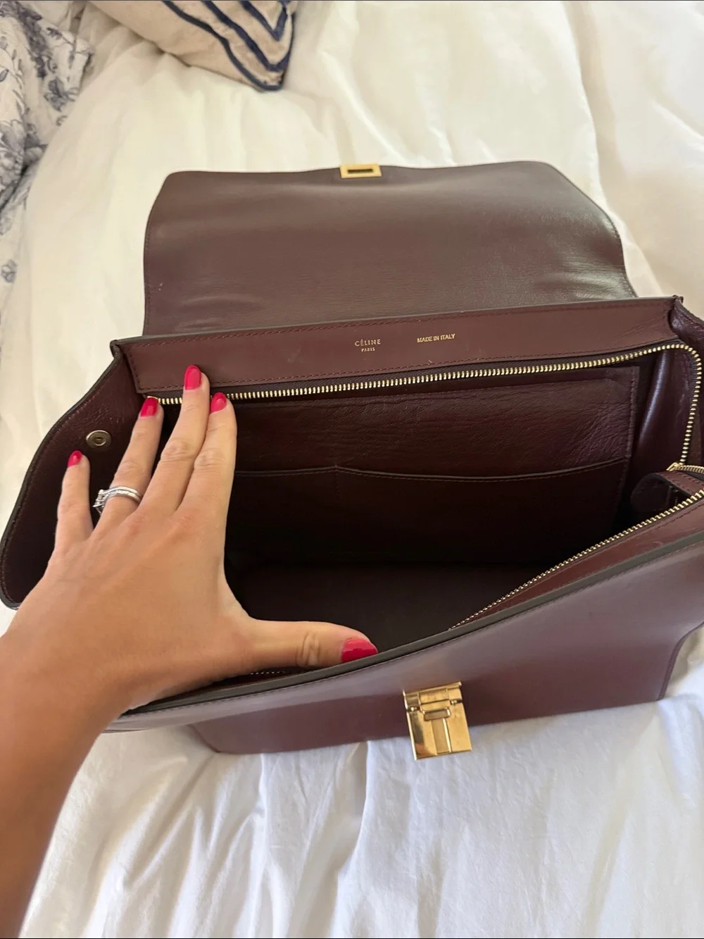 Burgundy Celine Leather and Suede Shoulder Bag with Gold Hardware